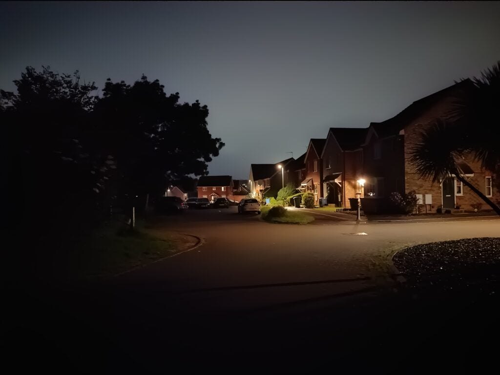 Real night-mode capture: the same street after dark